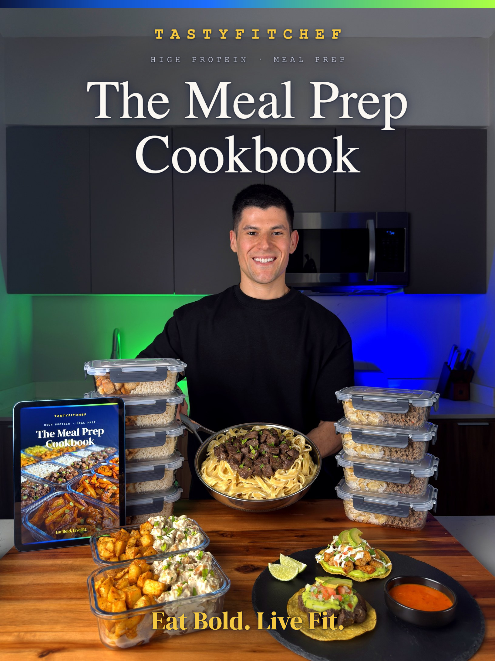 The Meal Prep Cookbook cover — a pan of steak fettuccine, stacked meal-prep containers and the book on a tablet