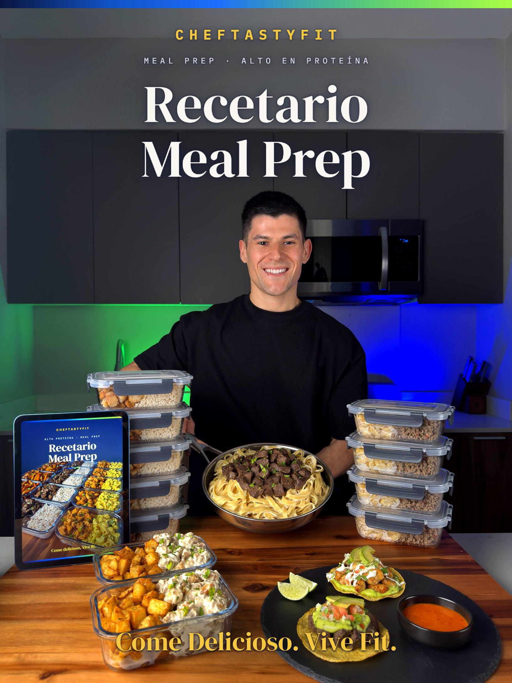 El Recetario Meal Prep en un iPad sobre una cuadrícula de envases de meal prep